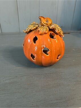 Vintage Orange Ceramic Pumpkin Lantern with Green Stem - Fall Decor